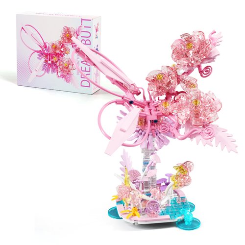 Crystals Flowers Botanical Collection for Adults - 490 Pcs Building Sets, Pink Transparent Crystal Flowers Toys, Plants Botanical Flores Gift Table Art for Adults for Kids Adults