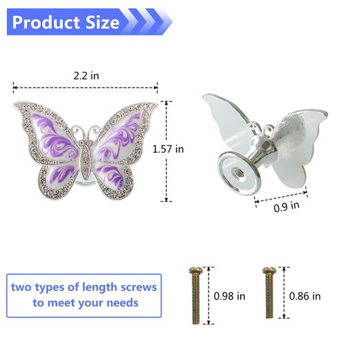 Butterfly Cabinet Knobs,6 Pieces Butterfly Knobs Single Hole Pulls Handles Decorative Door Cabinet Drawer Cupboard Furniture Door Wardrobe (Purple)