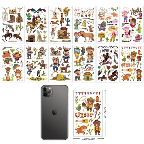 Western Cowboy Temporary Tattoos,10 Sheets Wild West Cowboy&Cowgirl Cactus Horse Cow Waterproof Fake Tattoo Stickers for Kids Boys Girls Birthday Gifts Party Favor Supplies