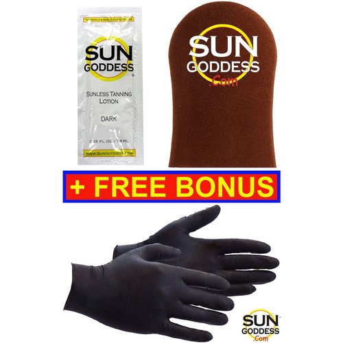 Sun Goddess (1) Sunless Self Tanner Lotion Sample + FREE BONUS (1) Sunless Self Tan Applicator Mitt + (1) PAIR of Sunless Self Tanning Applicator Gloves - Best Sunless Self Tanning Lotion Gloves Mitt