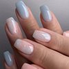 Press on Nails Short Fake Nails with Marble Designs Coffin Acrylic Nails Press ons Summer Glossy Glue on Nails Light Blue Full Cover Artificial Stick on Nails for Women 24Pcs