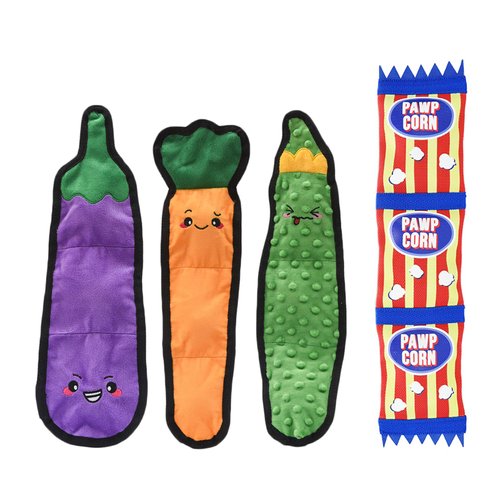 HugSmart | Fire Hose and 3 Vegetable Squeaky Dog Toys | (4-Pack) Durable Flappy Shapes with Multiple Squeakers | No Stuffing, Interactive Fetch Dog Toys | Small and Medium