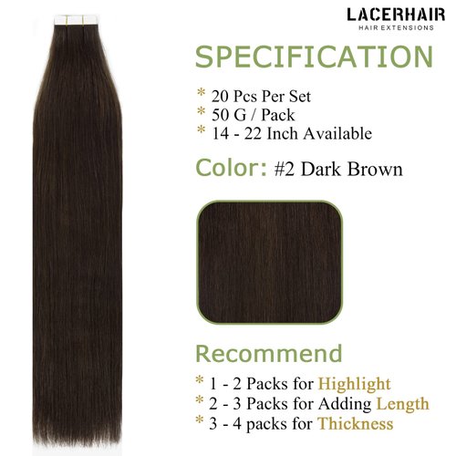 Lacer 16 Inch Human Hair Extensions Tape in Dark Brown Seamless Double Sided Skin Weft Invisible Black Hair Extensions Human Hair Tape in 50g/pack 20pcs