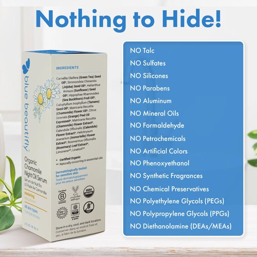 Blue Beautifly USDA Certified Organic Chamomile Night Face Oil Serum | Restores Healthy Skin Regeneration | Non-comedogenic, 100% Plant-based | Omega Rich Oils Boost Collagen Production | 2 fl oz