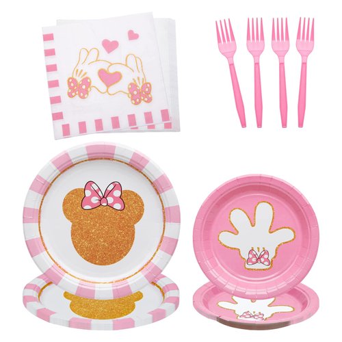 96 Pcs Pink Minnie Tableware Set for Girl Pink Animals Theme Party Supplies with Gold Foil Pink Minnie Decorations for Girl with Paper Plates, Napkins, Forks Serves 24 Guests