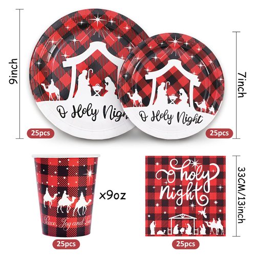 Whaline 100Pcs Christmas Tableware Set Jesus Holy Night Disposable Paper Plates Napkins Cups Xmas Religious Red Black Buffalo Plaid Dinnerware Set Serves Guests for Christmas Baptism Party Supplies