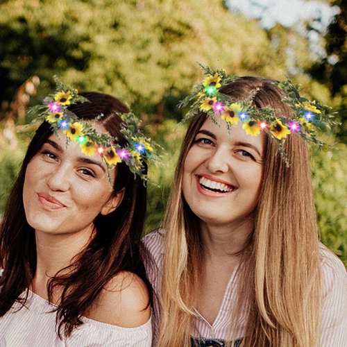 Haomye Light Up Flower Headband Crown for Women Daisy Flower Wreath Headbands Sunflower Hair Accessories Bridal Costume Photo Props (Sunflower)