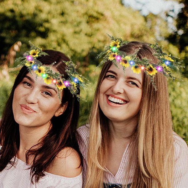 Haomye Light Up Flower Headband Crown for Women Daisy Flower Wreath Headbands Sunflower Hair Accessories Bridal Costume Photo Props (Sunflower)