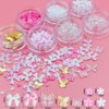 Spring Nail Art, 7Boxes Holographic Flower Nail Charms 3D Pink White Flower Bow Gold Butterfly Nail Art Design Manicure DIY Decoration for Acrylic Nails
