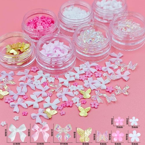 Spring Nail Art, 7Boxes Holographic Flower Nail Charms 3D Pink White Flower Bow Gold Butterfly Nail Art Design Manicure DIY Decoration for Acrylic Nails