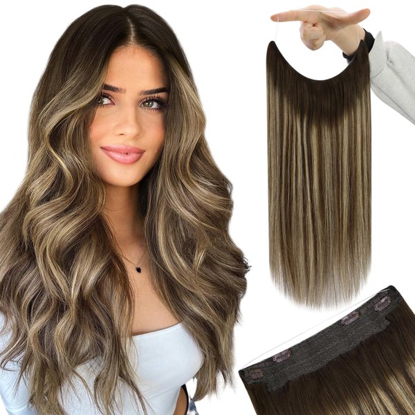 YoungSee Wire Hair Extensions Brown Balayage Wire Human Hair Extensions Adjustable Fish Line Real Human Hair Extensions Balayage Chocolate Brown Mix Caramel Blonde Balayage Hair Piece 18Inch 80G