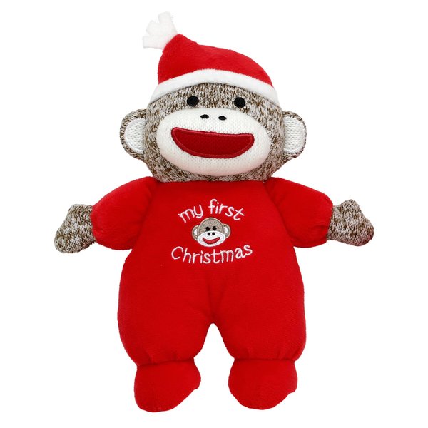 Baby Starters Sock Monkey Christmas 9 inch Plush Rattle with Embroidery (My First Christmas, Red)