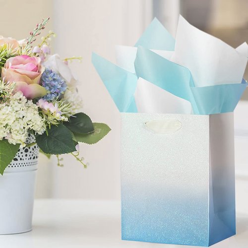 UNIQOOO 12Pcs Blue Glitter Ombre Gift Bags Bulk, 100% Recyclable Gift Wrapping Paper Bags, for Bridal Baby Shower, Wedding Birthday Party Favor Thank You Bag, Easter, Mother's Day, Medium 9x7x4 inch