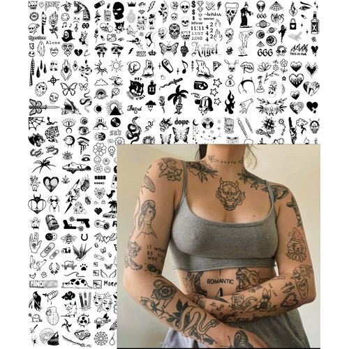 Impressed 48 Sheets Custom Unisex Vintage Patchwork Temporary Tattoos - Small Semi Permanent Minimalist Black Fake Flash Tattoo for Women and Men - Micro Tiny Adult Hand, Sleeve, Finger Tat for Teens
