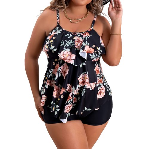 B2prity Women Plus Size Tankini Swimsuits Tummy Control Two Piece Bathing Suit Ruffled Flounce Swimwear with Shorts