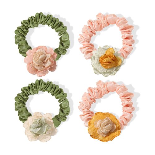 4 Pcs Satin Hair Ties Pink and Green Mini Scrunchy Accessories Cute Flower Soft No Slip Hair Elas...