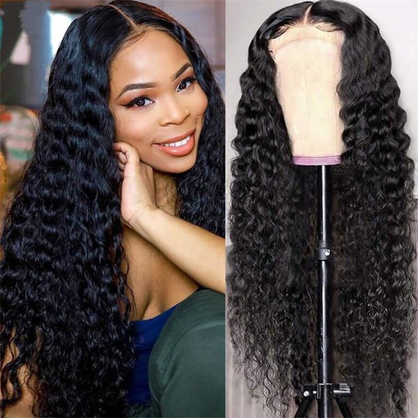 Generic Synthetic Artificial Black Wig Transparent Lace Frontal Deep Wave Wigs for Women Girls Lace Front Wigs Synthetic Artificial Wig Pre-Plucked Long Middle Part Curly Wig 30 Inch