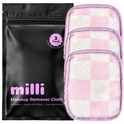 Makeup Remover Cloth - Set of 3 Pink and White Checkered Reusable Microfiber Cleansing Cloths to Gently Remove Mascara, Eyeliner, Eye Shadow, Lipstick with Just Water