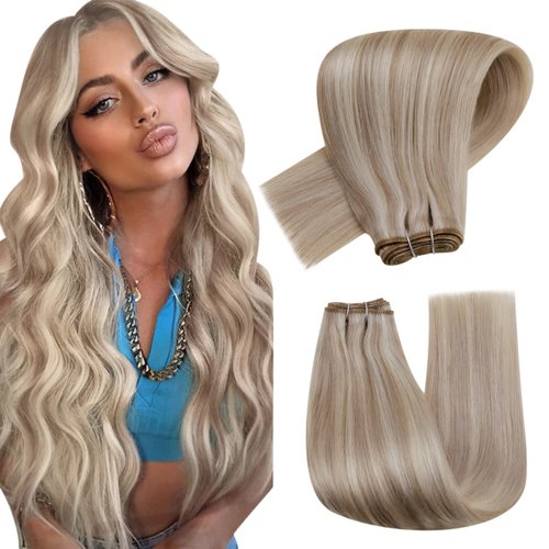 Hetto Blonde Weft Extensions Sew in Human Hair 20 Inch Weft Hair Extensions Real Human Hair Ash Blonde Highlighted Sew in Weft Human Weaving Hair Extensions 100g