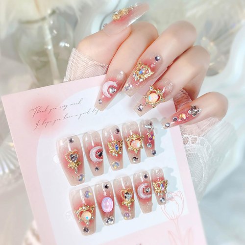 RUOKEXIN Coffin Press on Nails Long Fake Nails Pink Ombre False Nails with 3D Gold Charms Designs Press on Nails with Charms Glitter Acrylic Artificial Nails Summer Natural Stick on Nails for Women