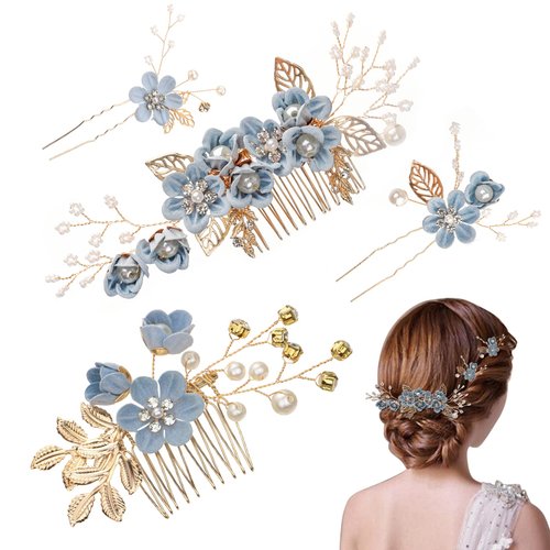 UHOMENY 4PCS Wedding Hair Pins, Bridal Pearl Hair Side Combs Set Floral Leaf Head Piece Hairdecor Accessories Rose Gold Rhinestone Handmade Bridesmaid Hair Clip Crystal Headpiece Set for Women Girls
