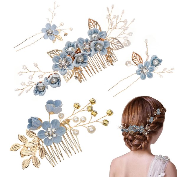 UHOMENY 4PCS Wedding Hair Pins, Bridal Pearl Hair Side Combs Set Floral Leaf Head Piece Hairdecor Accessories Rose Gold Rhinestone Handmade Bridesmaid Hair Clip Crystal Headpiece Set for Women Girls