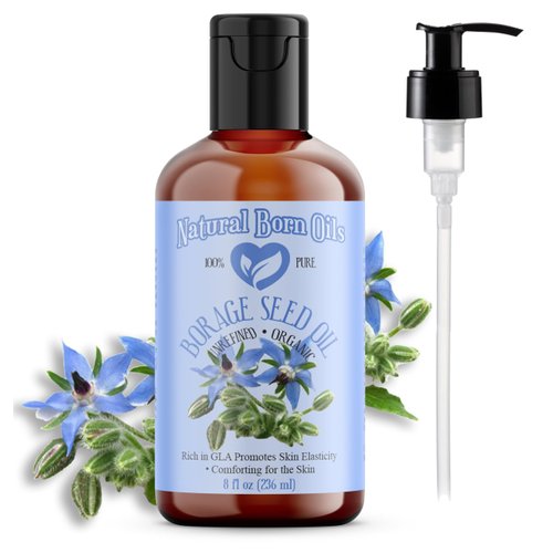 Natural Born Oils Borage Seed Oil, 8oz, Organic, Cold-Pressed, Carrier Oil, Omega-6 Rich, Skin Moisturizer, Hair Health Enhancer