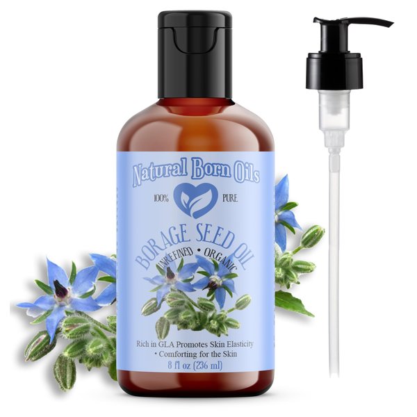 Natural Born Oils Borage Seed Oil, 8oz, Organic, Cold-Pressed, Carrier Oil, Omega-6 Rich, Skin Moisturizer, Hair Health Enhancer