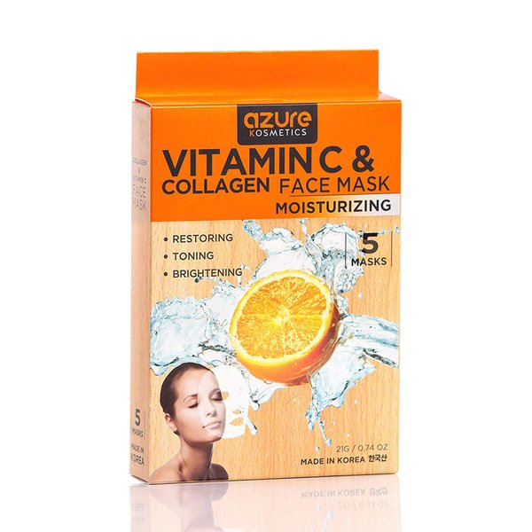 AZURE Vitamin C & Collagen Moisturizing Facial Mask- Anti Aging, Deeply Moisturizing & Firming - Brightening Mask, Improves Elasticity - Skin Care Made in Korea - 5 Pack