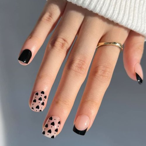 24pcs Heart Press on Nails Short Valentine Nails Black Heart French Tip Acrylic Nails Valentine Day Heart French Tips Full Cover False Nails with Design for Women Girls Heart Stick on Nails