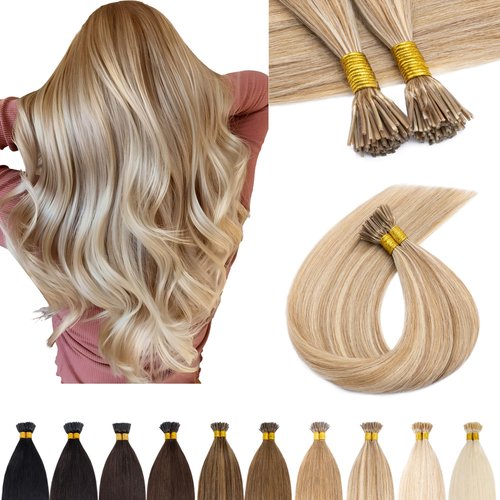 SEGO I Tip Hair Extensions Human Hair Keratin Pre Bonded MicroBeads Tip Hair Balayage Natural Silky Straight Extensions 100 Strands 50g/Pack -18 Inch Golden Brown&Bleach Blonde