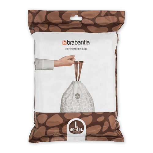 Brabantia PerfectFit Trash Bags (Size L/10.6-12 Gal) Thick Plastic Trash Can Liners with Drawstring Handles (40 Bags)