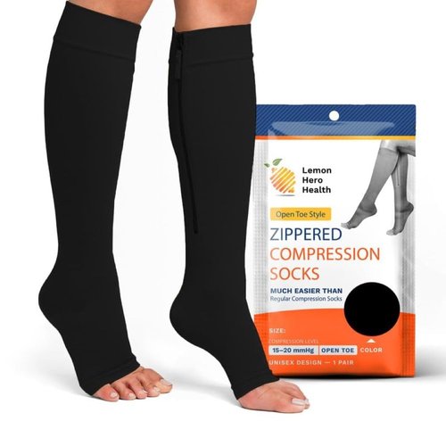 Lemon Hero Medical Compression Socks for Women - Toeless Compression Socks for Men, 15-20 mmHg Zippered Lightweight Compression Socks with Zip Guard for Skin Protection- 3XL, Black [1 Pair]