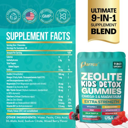 Parrox Zeolite Kids Gummies, 9-in-1 with Zeolite, Omega-3, Magnesium, Elderberry, Vitamin C, Milk Thistle, Vitamin D3, Zinc, B12 – Sugar-Free (60 Gummies – Mixed Berry Flavor)
