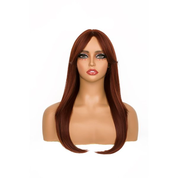 sechnall 22 Inch wine red Long Straight Wigs with Bangs Synthetic Heat Resistant Wigs Layered Wigs for girls Natural Touch Adjustable Cap Perfect for Parties Cosplay Daily Use wigs for women
