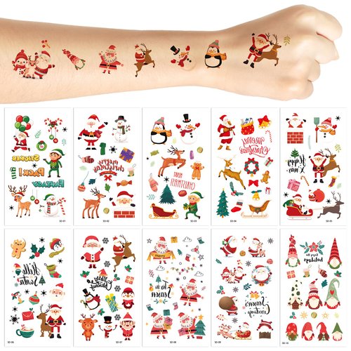 Christmas Temporary Tattoos for Kids, Christmas Party Favors Goodie Bag Fillers Gifts Kids Decor Favors Supplies Gifts Boys 10 Sheets