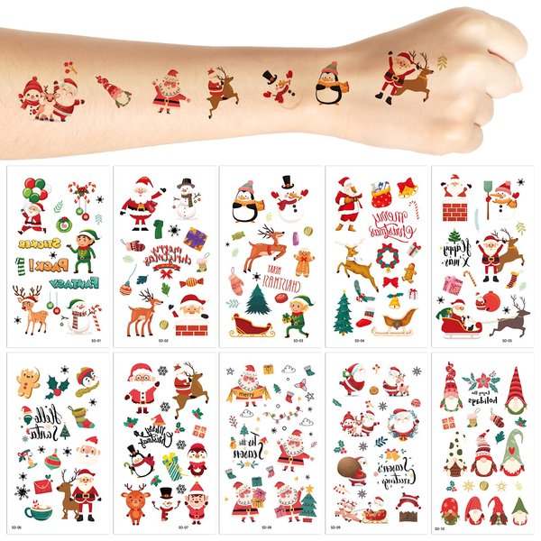 Christmas Temporary Tattoos for Kids, Christmas Party Favors Goodie Bag Fillers Gifts Kids Decor Favors Supplies Gifts Boys 10 Sheets