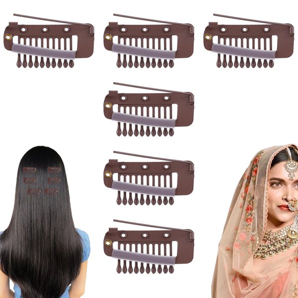 6pcs Wig Clips with Safety Pin, Stainless Steel Hidden Dupatta Setting Clips to Secure Wig no Sew Chunni Grip Clips in for Hair Extensions, Fixing Woman Girls Hijab Veil Tikka Headscarf (Brown)