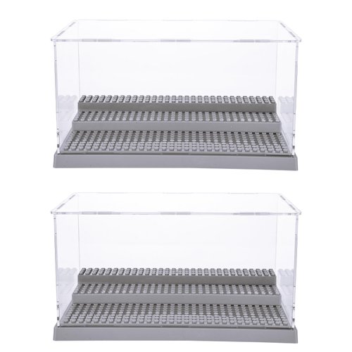 RHBLME 2 Pack Display Case for Minifigures Action Figures Blocks, 10 x 6.1 x 5.4 Inch Acrylic Minifigure Display Case, Grey Dustproof Display Box with 3 Movable Steps Gift for Lego