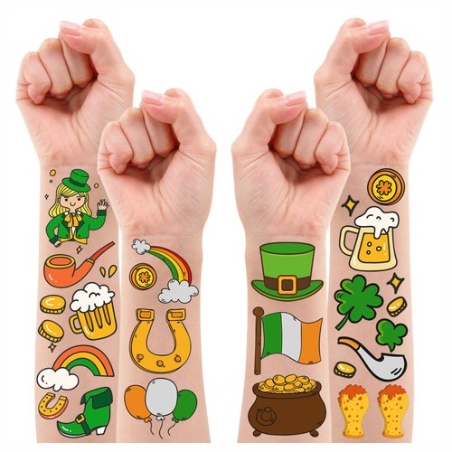 Partywind St Patrick's Day Kids Temporary Tattoos, 10 Sheets (85 Styles) Shamrock Tattoo Stickers for Boys Girls Saint Patrick's Day Goodie Bag Stuffers, Green Day Party Supplies Decorations