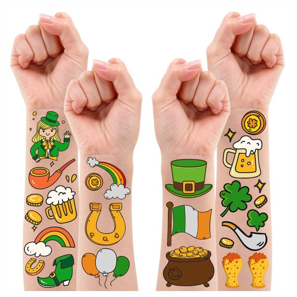 Partywind St Patrick's Day Kids Temporary Tattoos, 10 Sheets (85 Styles) Shamrock Tattoo Stickers for Boys Girls Saint Patrick's Day Goodie Bag Stuffers, Green Day Party Supplies Decorations