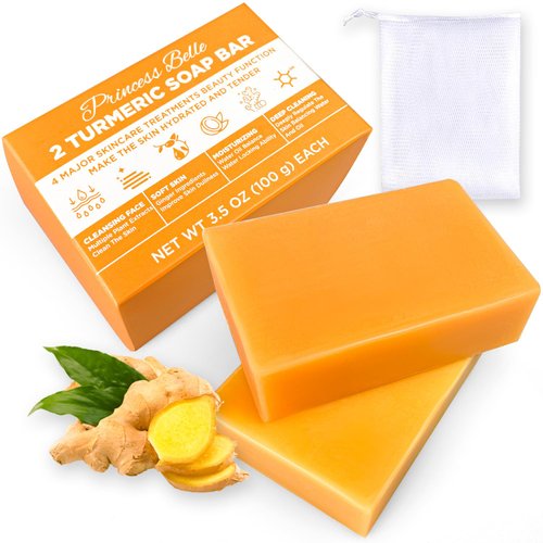 Princess Belle Turmeric Soap, Turmeric Soap Bar for Face and Body, Skin Lightening Soap for Dark Spots, Turmeric Face Soap for Ance, Natural Handmade Soap for Deep Cleansing and Hydrating-2 Pack