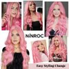 Ninroc Pink Wigs For Women, Long Wavy Pastel Pink Wig Middle Part Natural Looking Heat Resistant Synthetic Wig for Daily Party Use 26 inches