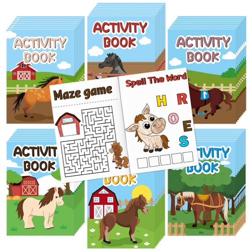 JAPBOR Horse Party Coloring Books - 24PCS Mini Cartoon Horses Activity Color Book Bulk for Kid Party Favors, Farm Western Pony Small Coloring Pages for Birthday Gifts Class Drawing Painting Game