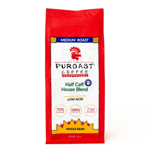 Puroast Low Acid Coffee , Whole Bean , Half Caff House Blend , Medium Roast , Certified Low Acid Coffee , pH 5.5+ , Gut Health , 12 Oz , Higher Antioxidants , Smooth for Cold Brew , Decaf Coffee