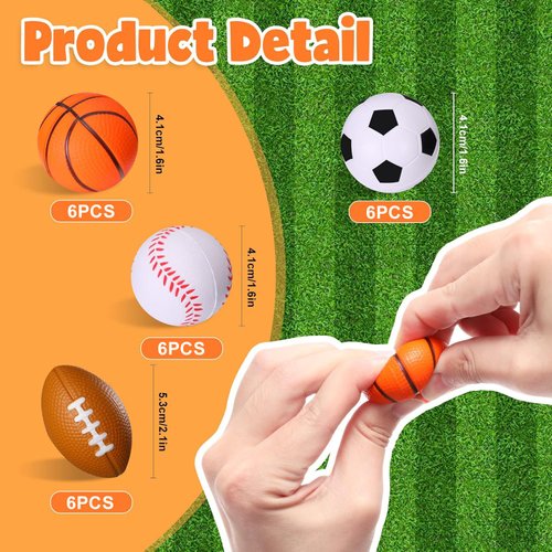 WELLVO Sports Party Favors 24 Pack 1.6 inch Sports Stress Relief Toys Goodie Bags Stuffers Mini Foam Fidget Toys for Stress Anxiety Relief Classroom Prizes Kids Return Gifts Birthday Party Favors Toys