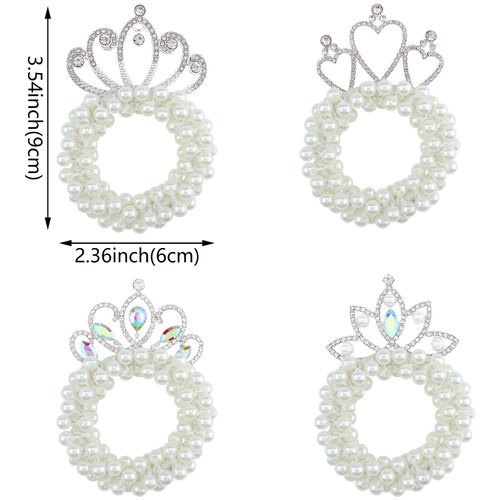 4 Pcs Beaded Hair Accessories - White Pearl Beads Crystal Crown Scrunchies, Elastic Ponytail Holders & Princess Hair Rope Ties for Women Girls