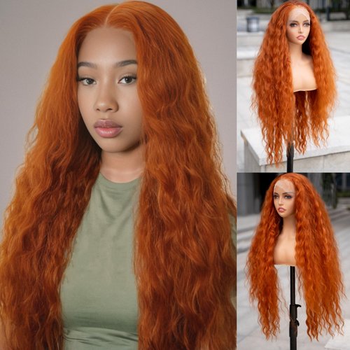 MISS FANCY 34 Inch Ginger Lace Front Wigs For Black Women 13X6 HD Frontal Lace Water Wave Wigs Long Curly Natural Hairline Synthetic Glueless Wig Pre Plucked With Baby Hair Wear and Go