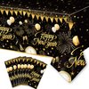 ORNACELE 8PCS Happy New Year Tablecloth, Disposable Black Gold NYE Party Tablecloth Decorations, Rectangular Plastic Table Cover NYE Theme Party Supplies for Decorations, 108 x 54”