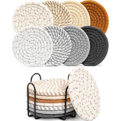 Crafizon 8 Pcs Drink Coasters with Holder, 8 Colors Absorbent Coasters for Drinks Minimalist Cup Coasters Cotton Coaster Set Woven Coasters for Coffee Table Home Decor Bar Housewarming Gift, 4.3 Inch